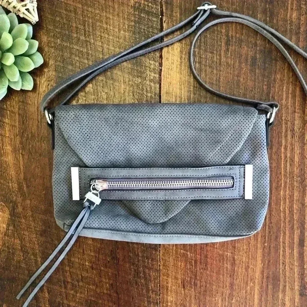Nicole Miller | Gray Perforated Faux Leather Crossbody Bag w/Zipper Detail
